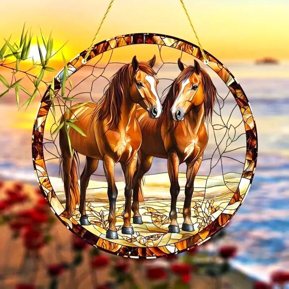 Suncatcher Horses Brown Chestnut Famn Hanging Window Decor Colorful In/Outdoor - Picture 3 of 5